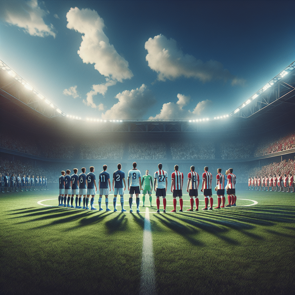 In the middle of the picture we see the Paris Saint-Germain F.C. players, Marquinhos and Kylian Mbappé, in their blue and white home uniforms, standing in the centre circle of the Princes Park. Their opponents, the AS Monaco are in their traditional red and white uniforms, gathered around them in the formation of their team. The picture has a blue sky backdrop with some white clouds on it. The grass on the field of the Princes Park is lush and green. All the players appear energetic and focused in the middle of the field, ready for the upcoming Ligue 1 match.