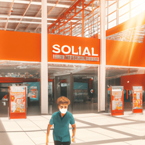 The picture shows a shopping mall located in Greater Vitória, marking the All Souls Day celebration. A young boy stands at the entrance, with arms outstretched as he gets vaccinated. The boy wears a bright-orange t-shirt with a sun smiling at him. The mall entrance is decorated with yellow sunflowers, while the shopping area has a mix of grey and beige floors. The background is lively, filled with a wide variety of shoppers, while the sun shines brightly in the sky.