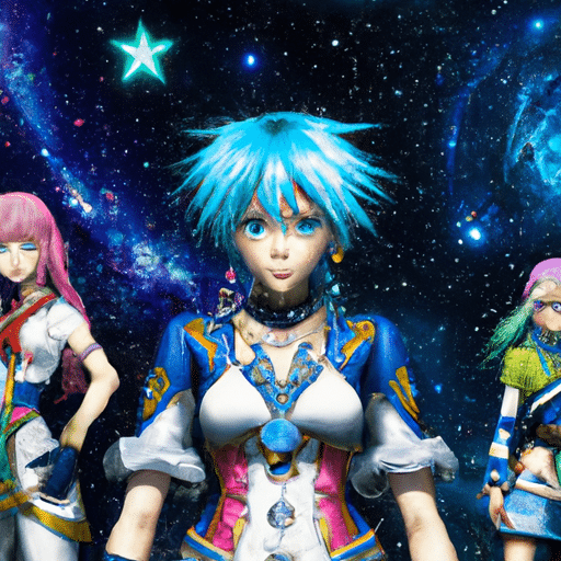 The picture is of a group of characters from the role-playing video game, 'Star Ocean: The Second Story', created by Square Enix. The characters are shown in coloured anime style and each stands out against the starry background. In the centre, a blue-haired woman stands gesturing to the others, with a tall, orange-haired man by her side. In the background, a deep blue sky filled with stars stretches infinitely.