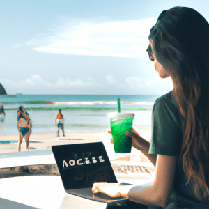 There is a picture of a young woman in a Starbucks t-shirt, sitting on a beach in Brazil. She has an iced coffee in her hands and an open laptop in front of her. In the background there is a Subway restaurant and an advertisement for a Company Voluntary Arrangement. The woman wears a green and white striped top and shorts, her hair is in pigtails with bright yellow ribbons. The colours are bright and vibrant, the sun sparkling on the waves behind her.