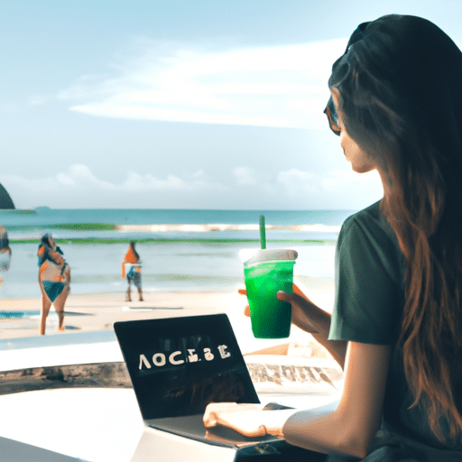 There is a picture of a young woman in a Starbucks t-shirt, sitting on a beach in Brazil. She has an iced coffee in her hands and an open laptop in front of her. In the background there is a Subway restaurant and an advertisement for a Company Voluntary Arrangement. The woman wears a green and white striped top and shorts, her hair is in pigtails with bright yellow ribbons. The colours are bright and vibrant, the sun sparkling on the waves behind her.