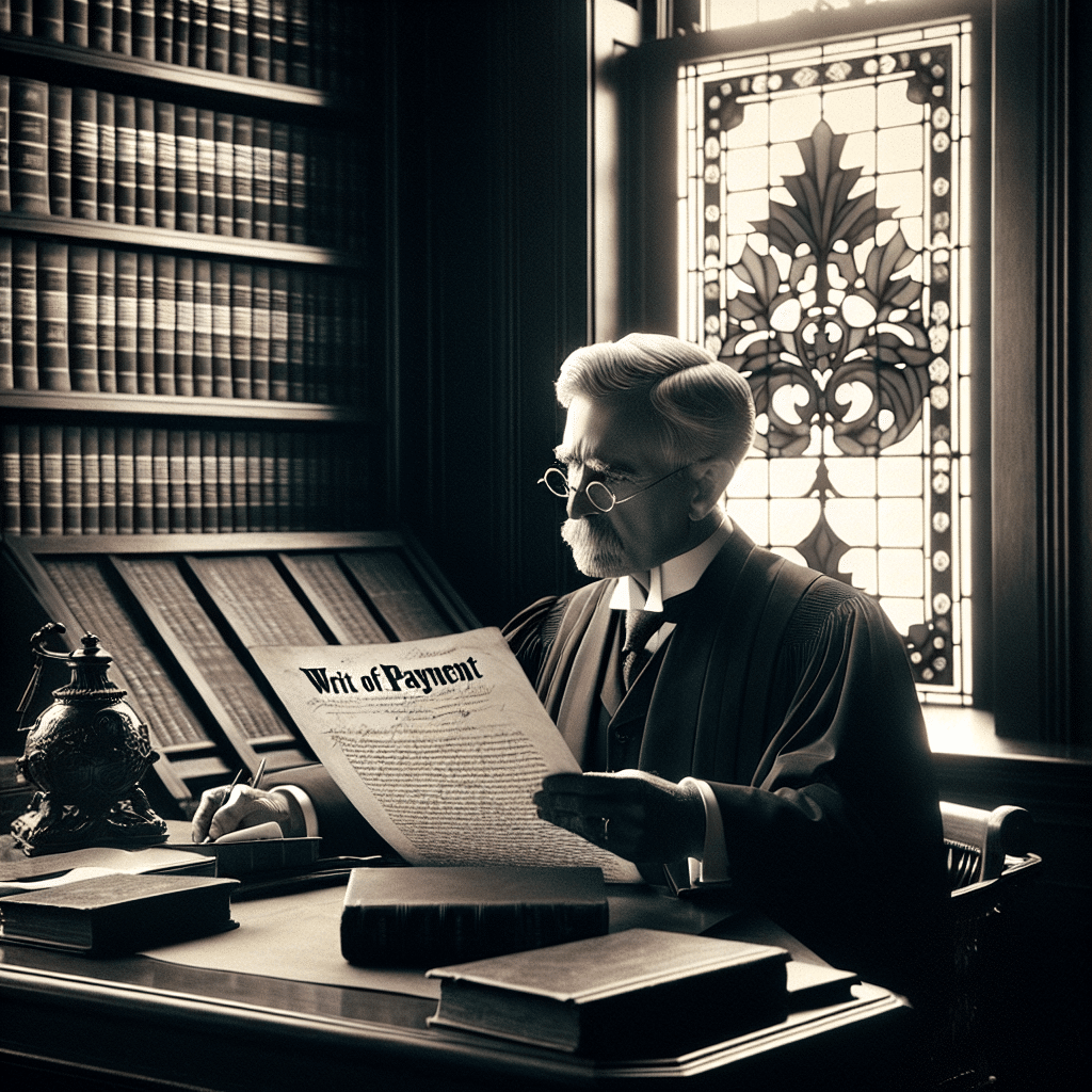 The picture features a black-and-white image of Luiz Fux, a current member of the Supreme Federal Court in Brazil, seated at his desk while holding a large piece of paper labeled ‘Writ of Payment’. He is dressed in a traditional black judge’s robe, and he has gray hair and wire-rimmed glasses. Behind him is a wooden bookshelf filled with books and law texts, and to his left, a ceramic bust of the Brazilian national symbol, the papalaga. Behind the desk is a large stained glass window that features an intricate geometric design in shades of maroon, red, and green. Rays of sunlight can be seen streaming in from the window, illuminating the desk and adding a warm glow to the otherwise somber scene.