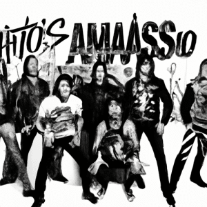 This picture features all five members of the band Mamonas Assassinas in black and white life-style photography. Alecsander Alves and Júlio Rasec are on the left, wearing brightly colored shirts with Mamonas Ao Vivo printed on the front. Bento Hinoto and Sergio Reoli are on their right, wearing black and white shirts with the Mamonas logo. The background is a wood construction with bright white light on the left and yellow on the right. The band members are all smiling brightly, arms around each other.