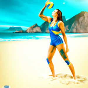 The picture shows Jade Picon playing footvolley on the famous Ipanema beach in Rio de Janeiro. She is wearing a bright yellow and blue sports outfit and stands in the bright white sand. On the back, we can see the clear blue water of the ocean and behind it, the typical beach buildings of Rio, with bright yellow, pink, blue and white houses.