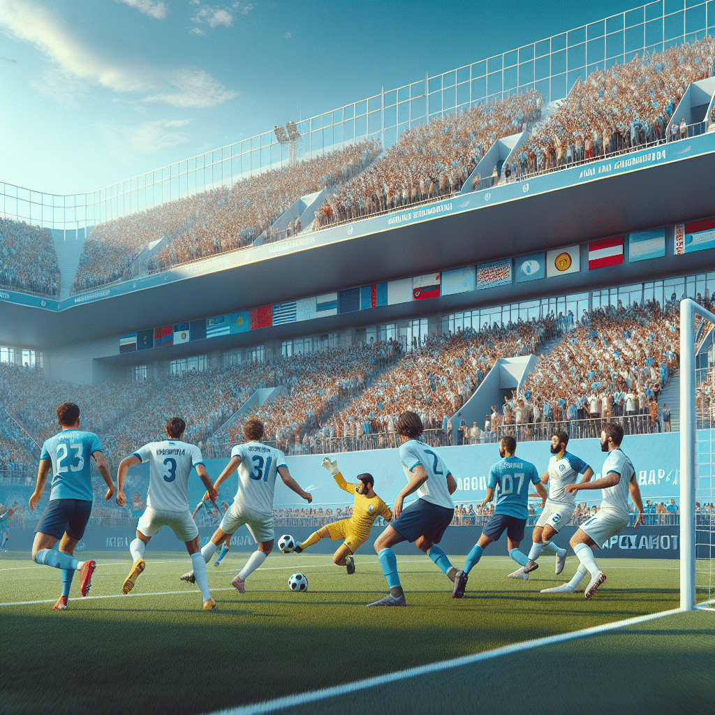 This picture shows the Uzbekistan national football team during their 2018 FIFA World Cup qualification against Turkmenistan. It is taking place at the Bunyodkor Stadium in Tashkent, Uzbekistan. In the foreground, the players can be seen in their white, navy, and yellow-colored jerseys. The sky in the background is a baby blue and clear with no clouds. The players on the field are playing intensely, with the goalkeeper blocking an incoming shot and the midfielder trying to kick the ball past the opposition. The stands are filled with cheering fans in the distinctive colors of both teams, decked out in Uzbekistan blue and white, as well as Turkmenistan’s red and white. At the very back of the stadium, a large electronic scoreboard displays the current score of zero goals apiece.