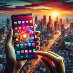 In the picture, a vibrant and dynamic scene unfolds with a Xiaomi smartphone prominently displayed. The MIUI interface on the screen showcases a sleek and modern design, with vivid colors and crisp icons. The background features a bustling cityscape, with tall skyscrapers and a beautiful sunset casting warm hues across the sky. A person is seen holding the phone, engrossed in the immersive MIUI experience, capturing the essence of Xiaomi's innovative technology and the captivating beauty of the urban environment.