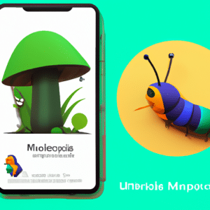 The picture features a white Xiaomi smartphone screen with a dark blue and white MIUI interface background and a white and orange Android icon. The foreground features a yellow bird on the left and a green caterpillar on the right, both hovering above a large grey mushroom with a purple and blue cap. In the background, the greenery of a forest is depicted, with a few distinct trees and a hint of a lake in the far distance.