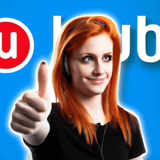 This picture has a red-haired woman in front of a computer screen with YouTube Premium and AdBlock logos. She looks to be smiling as she holds up an index finger and a thumb in the form of an 'ok' sign. The scene is set against a blue and white background with a modern, home office feel.