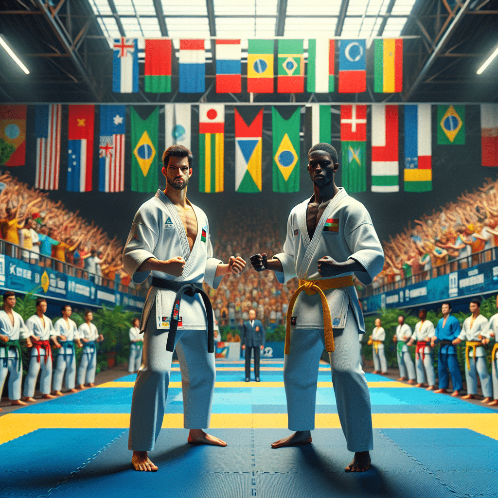 The picture depicts a typical Karate competition in a Campeonato Brasileiro Série A tournament in Brazil. The colors are bright and vibrant, with the banners and flags of the tournament, team, and country adorning the walls of the court. In the front, two competitors, wearing karate suits and the colors of their home countries, face off. Both competitors seem to be very focused and alert, as if they sensed that a decision could be made at any moment. In the background, the cheering audience is seen, with many Brazilians dressed in their national colors of yellow and green, excitedly chanting for their team. The atmosphere is electric, and one can feel the tension and anticipation of a great match.