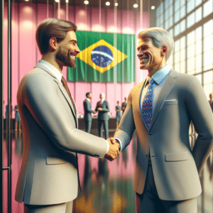 The picture shows José Seripieri Filho, the CEO of Amil Participacoes SA, a Brazilian health insurance provider, shaking hands with David S. Wichmann, CEO of UnitedHealth Group Inc, a U.S.-based diversified health care company. The two CEOs are standing in front of a bright pink wall, with a Brazilian flag and a glass window behind them. José is wearing a grey suit, white shirt and brown tie, while David is wearing a light blue shirt and a patterned blue tie. Both of them are smiling and look very happy. In the background, the conference hall is visible with people standing around.