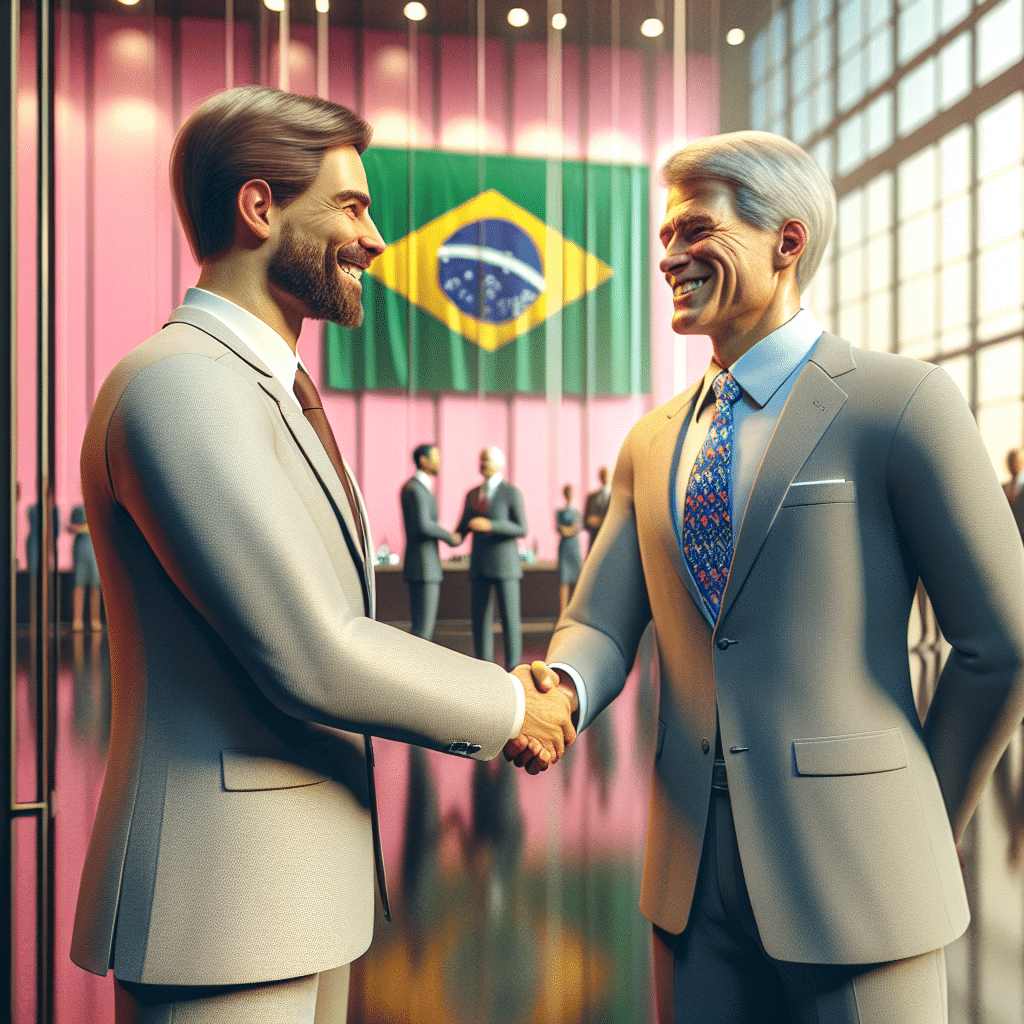 The picture shows José Seripieri Filho, the CEO of Amil Participacoes SA, a Brazilian health insurance provider, shaking hands with David S. Wichmann, CEO of UnitedHealth Group Inc, a U.S.-based diversified health care company. The two CEOs are standing in front of a bright pink wall, with a Brazilian flag and a glass window behind them. José is wearing a grey suit, white shirt and brown tie, while David is wearing a light blue shirt and a patterned blue tie. Both of them are smiling and look very happy. In the background, the conference hall is visible with people standing around.