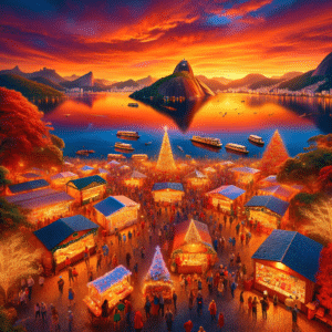 This picture captures the beautiful Christmas scene at Lagoa, located in the city of Rio de Janeiro, Brazil. The vivid colors of the sunset against the vast blue lake make the environment warm and inviting. In the foreground, there is a traditional Christmas market with several stalls selling festive wares. People are gathered in the streets, admiring the products and socializing with each other. There are far more people than stalls, indicating that the market is well-loved. Christmas lights and decorations are hung around the area, giving the scene a cheerful and festive air. The warm orange sunset is reflecting in the lake, which is a stunning deep blue color in contrast. Further back is a pier with a tower and several boats docked at it. Against the evening sky, the tower looks majestic. Further back, tall, verdant hills provide the perfect backdrop to the scene.