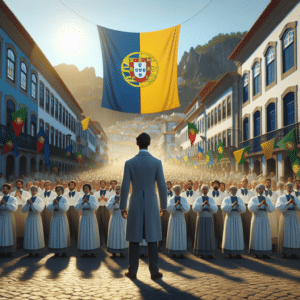 The picture shows President Marcelo Rebelo de Sousa of Portugal standing in front of a blue and yellow Portuguese flag with the twin of Portugal perched atop the flagpole. The president is standing in front of a large group of Portuguese-Brazilians, all dressed in white and blue traditional costumes. The crowd appears to be singing and cheering as they look up in admiration at their leader. In the background, the sun casts a golden light onto the crowd and the flag. The streets are lined with colorful houses and buildings, while a beautiful mountain range provides a stunning backdrop in the far distance.