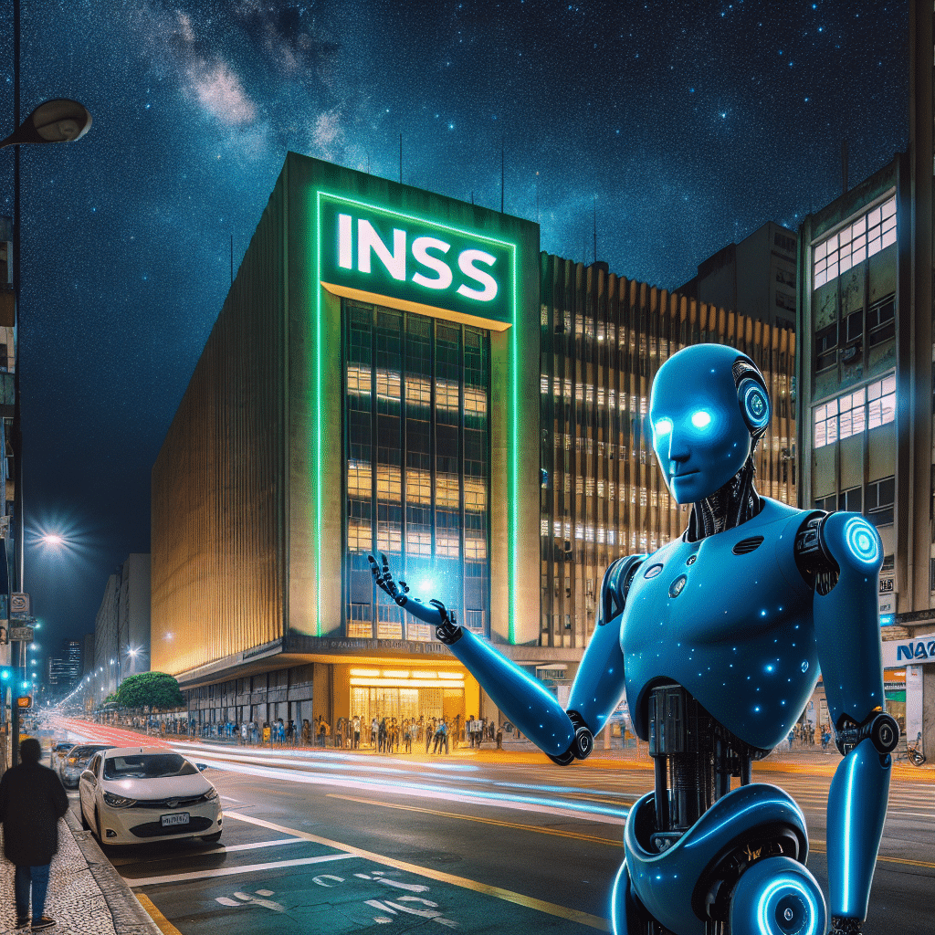 This picture depicts a scene of a busy street at night in Sao Paulo, Brazil. In the foreground, there is a large sign in bright green letters that stands out against a black background and reads “INSS – Brazilian Social Security Institute”. To the right of the sign is a figure of an artificial intelligence machine with its arms outstretched in a welcoming gesture. The machine is a distinctly electric blue colour, and its eyes are two bright white lights that seem to be active and scanning the street in front of it. To the left of the sign is a large door that appears to lead into the building and is lit up with a bright yellow light. The building is a light grey colour, and its windows are illuminated with a soft white glow from the inside. In the background, there are several people and cars passing by on the busy street. The sky is a deep navy blue with bright stars twinkling in the night.