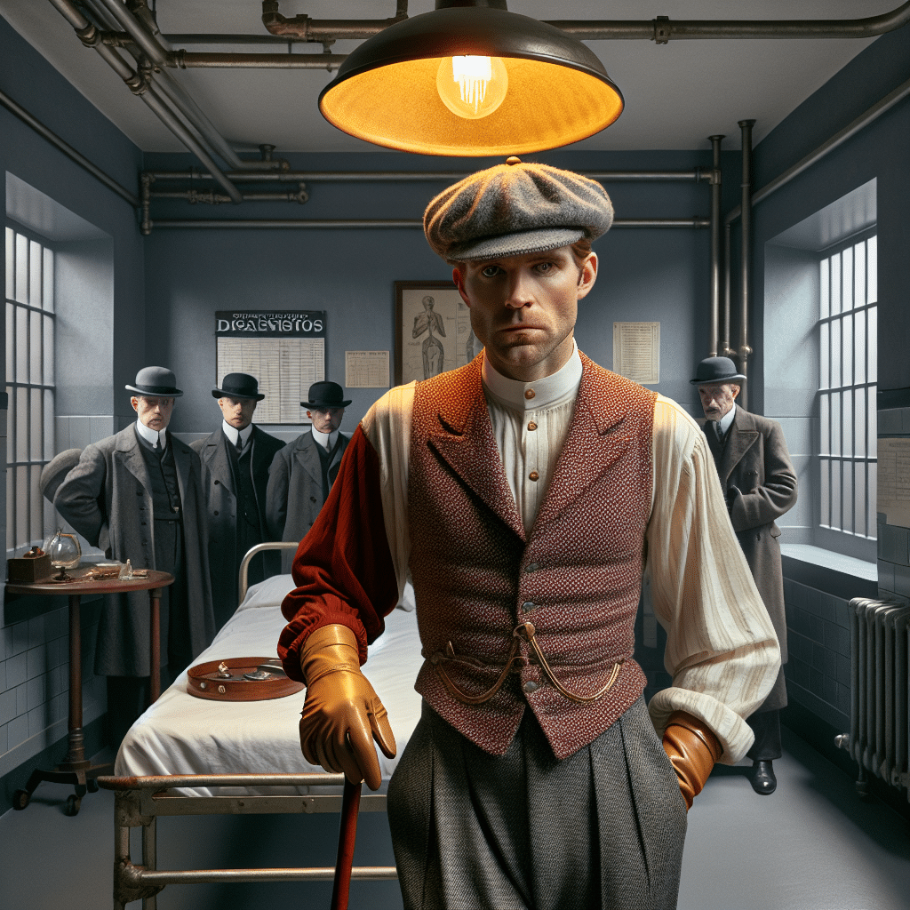 In this picture we can see the British poet Benjamin Zephaniah in a hospital room with a medical setting. He is wearing an open shirt which is partially red and partially white while the background behind him gives an industrial vibe with grey walls and pipes running. He is facing the camera sporting a cane in his left hand while wearing shiny beige gloves on his other one. His clothing includes a black waistcoat with a gray speckled pattern and a creamy white cap tilted back on his head. Behind Benjamin Zephaniah, numerous members of the Peaky Blinders cast can be seen through a window. The window colour is a grey dusty tone. There is a chart showing necessary medical diagnoses on his bed. The room is dimly lit by an old fashioned yellow lightbulb that hangs in the ceiling.