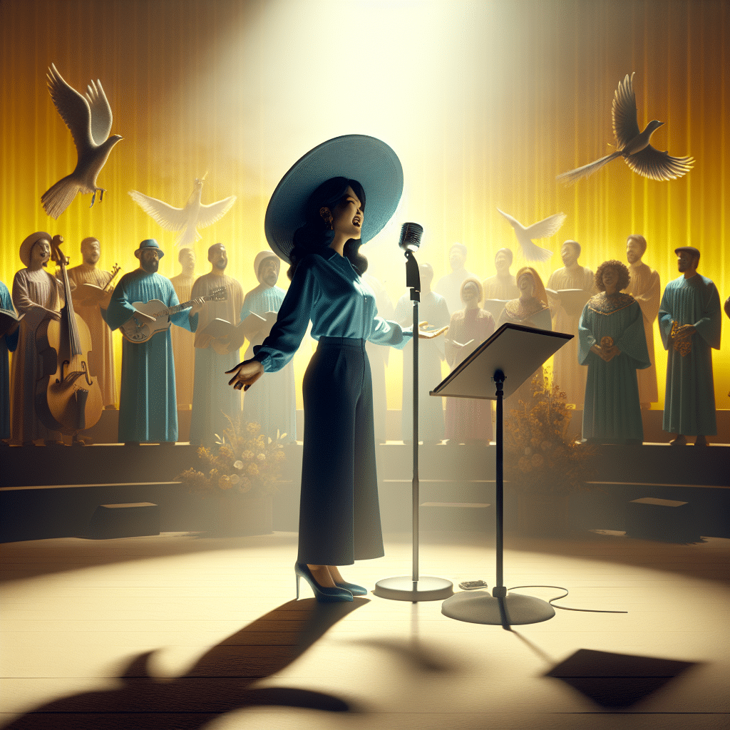 The picture shows a gospel singer standing on a simple wooden stage, with a bright yellow backdrop lit up from behind. The singer is in the middle of a powerful gospel song, belting out lyrics in a passionate voice. They are wearing a blue shirt, with a dramatic hat, and are surrounded by different coloured instruments. In the background, a gospel choir is seen with a vibrant light in the background, adding to the atmosphere.