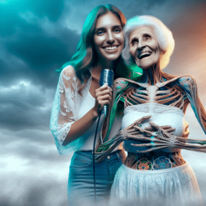 The picture shows a smiling Celine Dion embracing her mother Claudette, who is wearing a white patterned dress, while Claudette's body is stiffened due to Stiff-person Syndrome, a rare disease. Around them are blue and green blurred lights representing hope. Grey clouds floating in a blue sky are in the background.