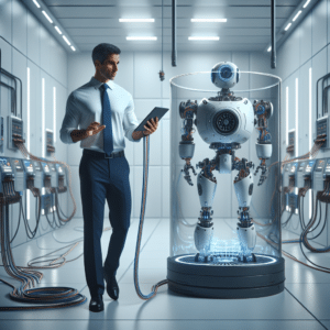 This picture features Tesla, Inc., a robot, and an engineer. It shows all three of them standing in a bright white-walled futuristic laboratory. The engineer is wearing a light blue dress shirt, navy slacks, and a white lab coat. He is standing in the center, his right arm outstretched with a tablet in hand. He has a look of intense concentration on his face. The robot is a sleek white, almost jet-black metallic machine. It stands a few feet from the engineer, arms outstretched and grasping two cables with several colored electrical circuits running through them. Its eyes seem to be scanning the environment intently. Tesla, Inc. is a massive dark-gray metal cylinder with a Tesla logo carved into it. It is surrounded by a complex array of large and intricate wires attached to wall-mounted equipment. The background is quite sparse, with ceiling lights casting a steady glow onto the walls of the lab.