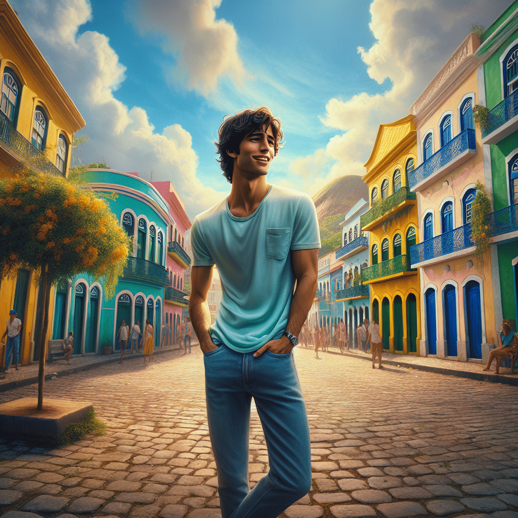 The picture shows Jacob Barata standing in the middle of a cobblestone square in Rio de Janeiro, Brazil with a bright yellow and green building in the background. He is wearing an aqua colored t-shirt with blue Jeans and black sneakers. His dark brown hair is disheveled and he’s smiling broadly as he looks down the street. He is surrounded by colorful buildings in shades of pink, yellow and green. On either side of the square are small trees with yellow, pink and orange blossoms. The sky is an electric blue with white and gray clouds floating by. The sun casts a warm and inviting light on the entire scene.