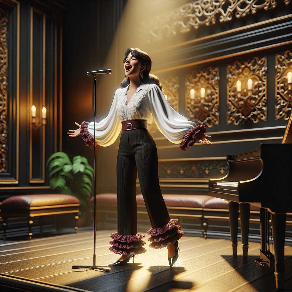 The picture depicts a joyful Gospel singer, dressed in a white, long-sleeved shirt with some maroon-colored ruffles around the wrist. She is wearing black dress pants and an elegant pair of black mary-janes. Her vibrant voice is enhanced by her expressive face and her powerful singing is being accompanied by music from a grand piano. She is standing in the center of an intimate stage with a warm yellow spotlight illuminating her. The background is made up of dark wood panels, giving the stage a unique and cozy atmosphere. The walls around the stage are decorated with intricate Arabic motifs and further decorated with plants, fans, and candles, creating a gentle atmosphere of enthusiasm and beauty.