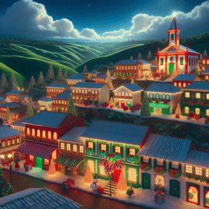 The picture shows a festive Christmas scene in the state of Rondônia, Brazil. The colours of the picture are predominantly red, green, and white, which is fitting for the Christmas theme. In the foreground is Pimenta Bueno, a quaint town which looks like a Christmas village with its brightly-lit homes and shops. The roofs and walls of the buildings are mostly white, and there are red and green awnings hung in front of the doors and windows. In the background, there are steep valleys and rolling hills, lush with green forests and decorated with glistening snow. The sky is a deep blue and filled with white, wispy clouds. There is a single church spire poking up from the top of the hill, giving the scene an air of serenity and peace.