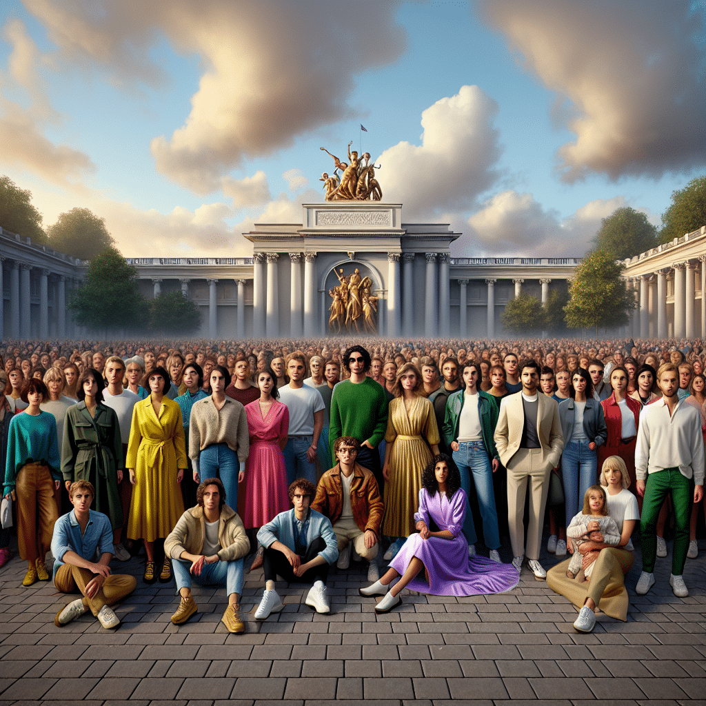 This picture features a large group of people standing in an outdoor studio or plaza. At the front of the group are SBT, Teresa, Televisa, Angelique Boyer, Novella, Aarón Díaz, Silvio Santos, Rerun, all arranged in a semi-circle and looking towards the camera. They are dressed in bright clothes, with SBT wearing a dark green jacket, Teresa in a pink skirt and black tank top, Televisa in tan pants and a yellow shirt, Angelique Boyer in a bright blue dress, Novella in a purple dress with her hands gesturing outward, Aarón Díaz in a green shirt, and both Silvio Santos and Rerun in white shirts and jeans. In the background, a large crowd is visible, gathered to watch this group of people. The sky is a light blue with a few clouds, and the sun is setting on the horizon in the distance. Behind the group stands a white wall with a golden crest visible at the top.