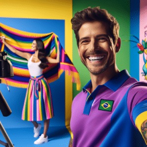 This picture features André Gonçalves, Danielle Winits, and the Brazilian reality show A Fazenda which airs on Record TV. The image has a colourful background which consists of a bright yellow and blue colour scheme and a variety of other colours including pink, purple, and green. In the forefront, André Gonçalves is smiling and wearing a purple and blue polo shirt. Behind him is Danielle Winits dressed all in white with a brightly coloured pink, blue, and yellow sash draped across her shoulder. She is making a hand gesture as if she is drawing the word 'Fazenda', in reference to the reality show. Both of them are standing in front of the A Fazenda logo and the Record TV logo, adding to the festive atmosphere of the image.