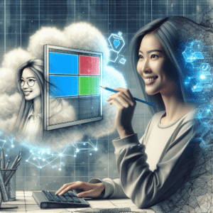 Movimentado, moderno retrato: fundo de nuvem de dados em cinzas e branco, desenho a lápis na frente de Windows 11 com recursos de Inteligência Artificial, cores indefinidas. Pessoa usando computador, sorrindo animadamente.