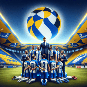 The picture depicts a team portrait of the Football Club Porto (often referred to as FC Porto), wearing blue and white jerseys with the official UEFA Champions League logo on their chests, posing for a photo. During the picture, the team is surrounding their manager, Sérgio Conceição, who is wearing a blue and white striped suit, white shirt and a blue tie. The background of the photo is a bright and vibrant yellow and blue painted stadium stands, with the FC Shakhtar Donetsk logo prominently displayed in the center. The blue and yellow colours of the stadium, combined with the team’s blue and white jerseys and the presence of the UEFA Champions League logo, make for a visual representation of the exhilarating feeling of making it to the final round of Europe’s top football competition.