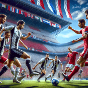 This picture is depicting an exciting and dramatic moment from a European Champions League match between Newcastle United F.C and AC Milan. The players from both sides are seen in the foreground of the image frozen in mid-action as they battle for control of the ball. The colors in the painting are a mixture of bold blues scaled against beautiful reds. Newcastle’s players are in their classic white and black kits with red accents, while AC Milan wears a mostly red strip with white and black detail. In the background of the picture, the stadium is a flurry of vibrant red and blue, reflecting the passionate supporters who came out to watch the game. The grass of the pitch is a lush, vivid shade of green, while the sky is a bright blue with a few clouds.