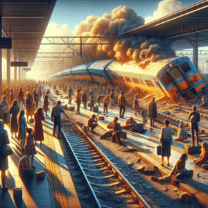 The picture shows a derailment occurring on the Companhia Paulista de Trens Metropolitanos railway line. The scene is a busy railway station with people standing around looking on in shock, as one of the trains is derailed on the tracks. Smoke from the train can be seen rising up in the background. The bright sunlight is reflecting off the train's orange and yellow paint, giving the scene a bright, yet chaotic feel. The tracks in the foreground lay scattered in disarray along the station platform as the derailed train sits askew the tracks in the background. People stand along the station platform and in the area between the platform and the derailed train, likely waiting for news on what has happened. The bright blue sky is home to various small white clouds, and serves as a backdrop of the scene.