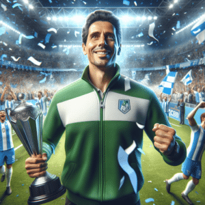 In the picture, Fernando Diniz, the coach of Fluminense FC, is seen standing in the foreground wearing a green and white tracksuit. He is holding the FIFA Club World Cup trophy, with a jubilant expression on his face. In the background, the iconic blue and white colors of Manchester City F.C. can be seen, along with a packed stadium filled with cheering fans. The scene captures the moment of victory for Fluminense FC in the Copa Libertadores, with confetti raining down and players celebrating in the background.