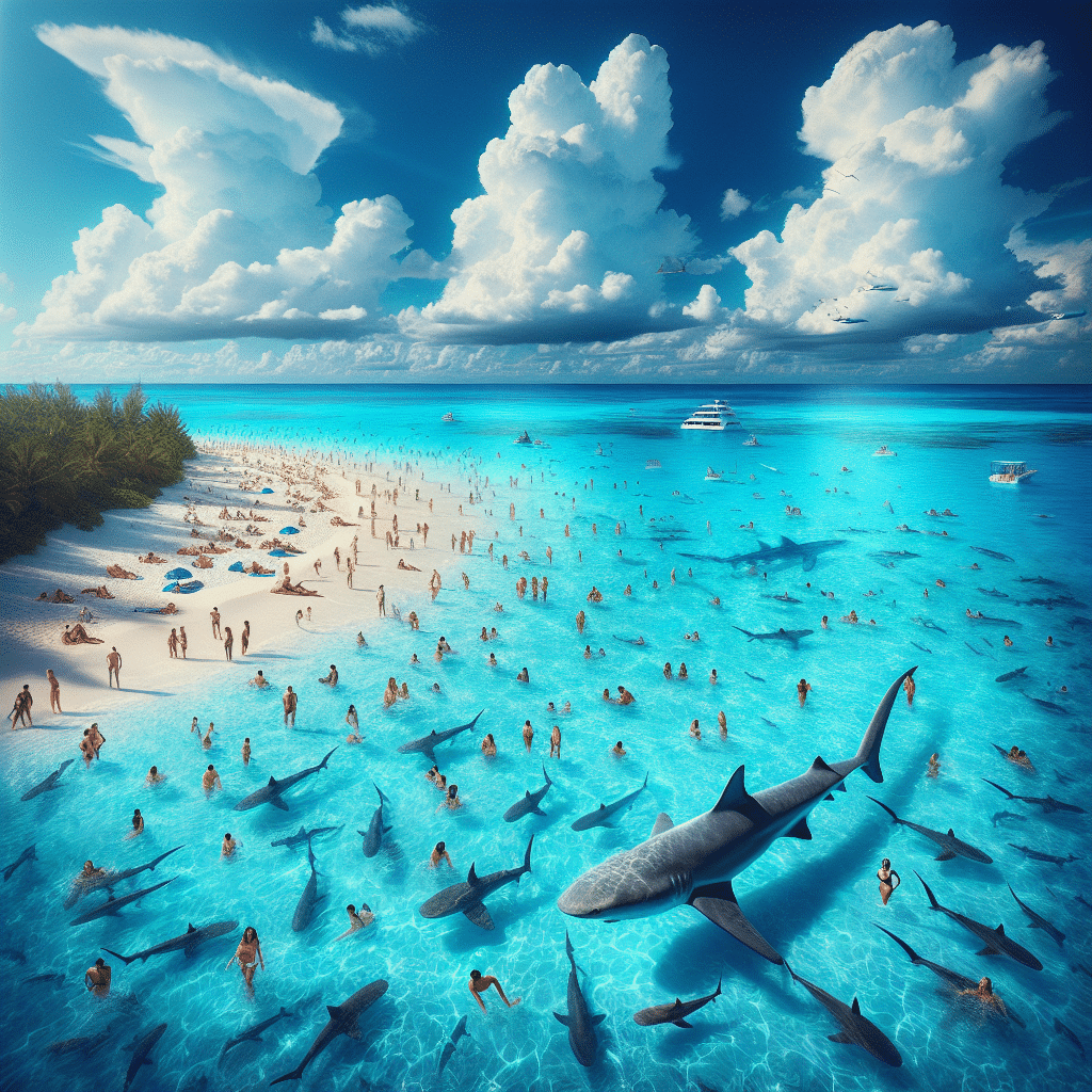 The scene in the picture is of a beautiful turquoise body of water surrounded by white sandy beaches on The Bahamas. There are several people enjoying the beach, swimming in the water, and relaxing in the sunshine. The bright blue sky is filled with fluffy white clouds. On the foreground, a large group of Sharks can be seen swimming close to the shore. These Sharks and beautiful underwater life of The Bahamas has made it one of the premier tourist destinations for snorkeling and scuba diving. The viewer gets the sense of relaxation and adventure that a visit to The Bahamas brings.