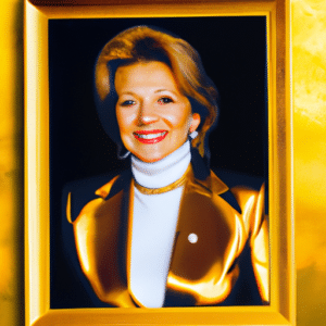 Oil painting of Françoise Bettencourt Meyers in luxurious golden frame, wearing a cream colored blazer and smiling confidently at the viewer. Background is a subtle yet elegant gold pattern with banner of 'US$ 100bi' in silver, representing her major achievement.