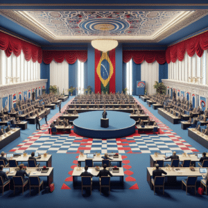 This picture is of the Chamber of Deputies of Brazil, with a strong emphasis on communication and plain language. The vibrant image shows a group of people in a large and airy chamber, standing atop a raised platform in the center of the frame and using a microphone to address the room. The floor is carpeted in a checkered pattern of dark blue, light blue, and red, with bright red curtains draped across the walls and a large glass pane behind them. Several desks filled with microphones, papers, and other equipment are situated on the lower half of the room, while four windows on either side of the chamber are decorated with patterned drapes and elegant chandeliers. The back wall is decorated with a mural of a stylized Brazilian flag, standing out against a white background. The dominant colors in this image are the blue and red of the woolen floor and the curtains, relieved by the bright white of the walls and the mural.