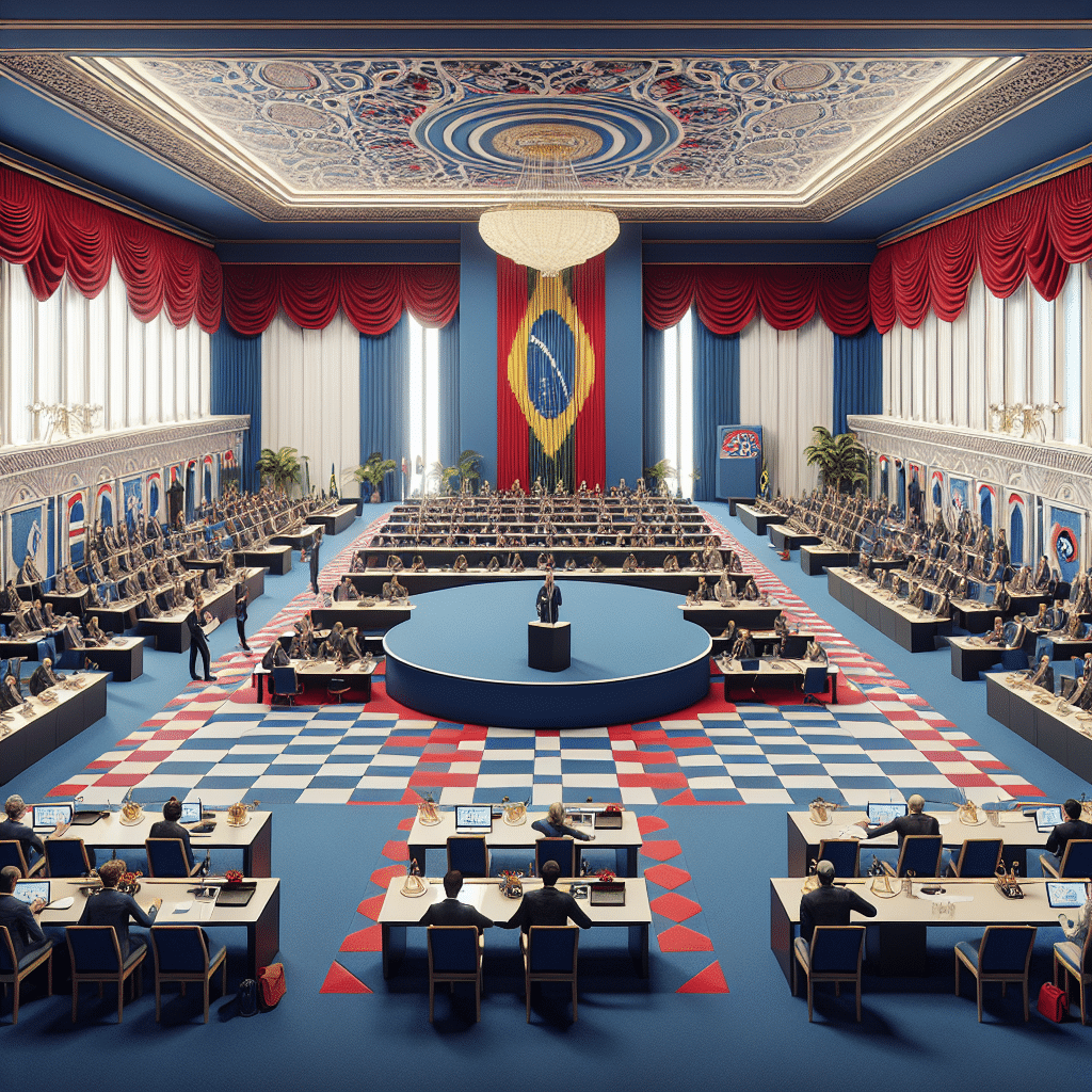 This picture is of the Chamber of Deputies of Brazil, with a strong emphasis on communication and plain language. The vibrant image shows a group of people in a large and airy chamber, standing atop a raised platform in the center of the frame and using a microphone to address the room. The floor is carpeted in a checkered pattern of dark blue, light blue, and red, with bright red curtains draped across the walls and a large glass pane behind them. Several desks filled with microphones, papers, and other equipment are situated on the lower half of the room, while four windows on either side of the chamber are decorated with patterned drapes and elegant chandeliers. The back wall is decorated with a mural of a stylized Brazilian flag, standing out against a white background. The dominant colors in this image are the blue and red of the woolen floor and the curtains, relieved by the bright white of the walls and the mural.