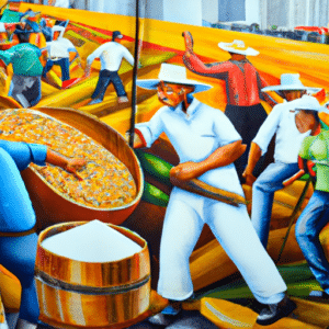 The picture depicts a vibrant scene of Brazil's bustling export industry. In the foreground, a diverse group of characters representing various commodities, such as coffee, soybeans, and iron ore, are depicted in a lively market setting. The style is a mix of realism and vibrant colors, showcasing the country's rich cultural heritage. The background showcases Brazil's diverse landscapes, including lush rainforests, sprawling farmlands, and bustling ports, symbolizing the country's economic strength and its significant role in international trade.