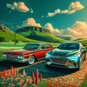 In a picturesque countryside setting, a vibrant red Lancia and a sleek silver Audi are parked side by side on a cobblestone street. The Lancia, with its retro design, exudes a sense of nostalgia, while the Audi showcases modern elegance. The front of the Lancia features a chrome grille and circular headlights, while the Audi boasts a bold front grille and angular LED headlights. The background showcases rolling green hills, dotted with colorful wildflowers, under a clear blue sky.