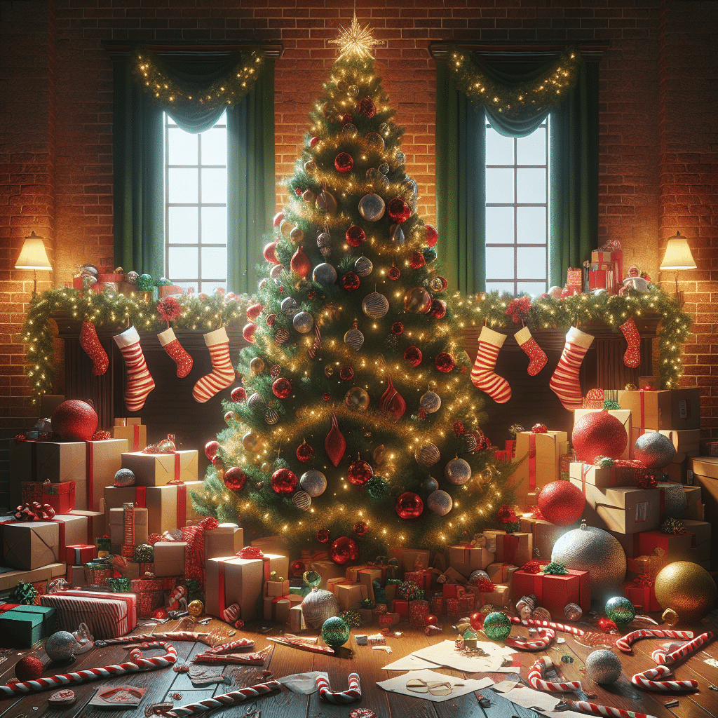 This is an image of a Christmas tree adorned with festive ornaments and decorations, as well as a pile of what looks like discarded waste from gift-wrapping and packaging materials. The tree is a deep, rich green and is standing in the center of the picture. Around it are festive colours of gold, red, and white, with baubles, tinsel, strands of lights, and candy canes. To the sides of the tree are a pile of discarded wrapping paper, ribbons, and cardboard boxes, which appear to have been piled high, likely from all of the presents that have been brought home that day. In the background, you can see a brick wall with a red and white striped fireplace mantelpiece, hung with several stockings.