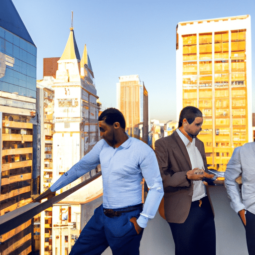 The picture depicts a vibrant and dynamic scene with a backdrop of a bustling cityscape. In the foreground, we see Nelson Tanure, a prominent figure in a sharp suit, engaged in a conversation with representatives from Amil Participacoes SA and UnitedHealth Group Inc. The style is modern and professional, with a mix of bold and muted colors. The background showcases tall skyscrapers, symbolizing progress and success.