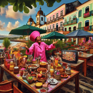 The picture depicts a scene where Ana Maria Braga is seen sitting at the center of an outdoor cafe in Salvador, Brazil. She is wearing a bright pink shirt and a matching pink baseball cap, speaking enthusiastically with a cheerful smile. Behind her, a television broadcast of the popular Brazilian television show Mais Você is playing, with the hosts cooking up treats in the background. To her right is a wooden table filled with a variety of dishes, a range of ingredients and utensils that are used in creating the traditional Salvadorian culinary delights. The bright colors of the cityscape provide a vibrant background for all the elements on the picture. The warm colors of the sky are being complimented by traditional tiled buildings, with bright green trees and vibrant umbrellas that adorn the street. The sun is shining and in the distance, a beautiful beach is seen.