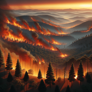 The picture shows a large conflagration in the state of Santa Catarina near the municipality of Palhoça, within the Serra do Tabuleiro State Park. The fire is raging, engulfing the vegetation in a bright orange bit of flames and smoke, with a deep red hue in the background. The foreground is obscured by the smoke, but the evergreen trees can be seen encompassed by the fire, with their branches reaching up towards the sky in vain. In the background, the peaks of the rolling hills of the mountainous state park can be seen fading into the horizon. The trees are still green throughout, standing out clearly from the thick layer of smoke which cloaks the land and darkens the sky. The whole scene is illuminated by a deep orange light, with soft yellows and red scattered throughout the sky.