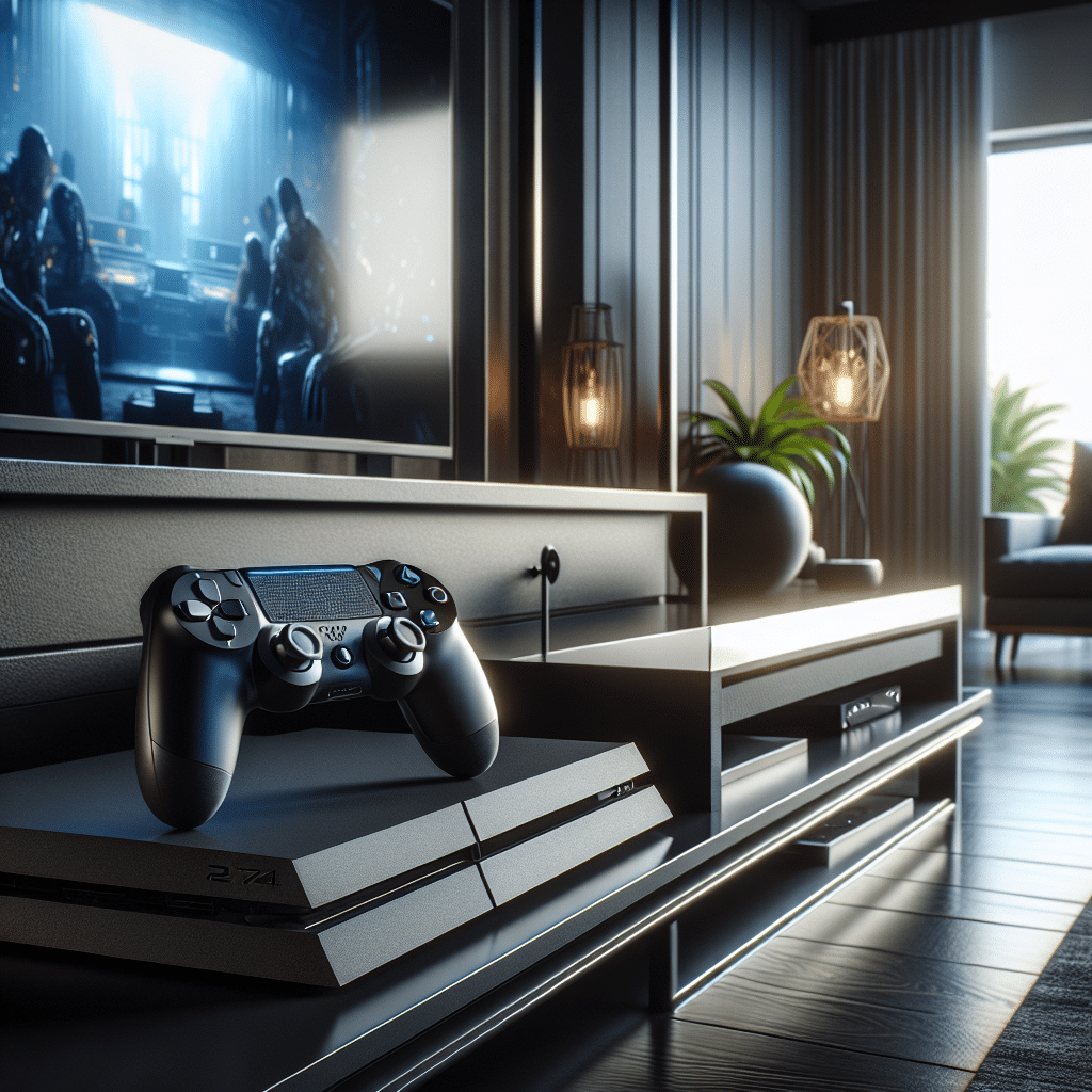 The picture showcases a vibrant scene with a Sony PlayStation console placed on a sleek, black entertainment unit. A game controller rests on the console, hinting at an intense gaming session. The background features a modern living room with a large window, allowing natural light to illuminate the space. The colors are predominantly black, with hints of silver and blue accents on the console and controller.