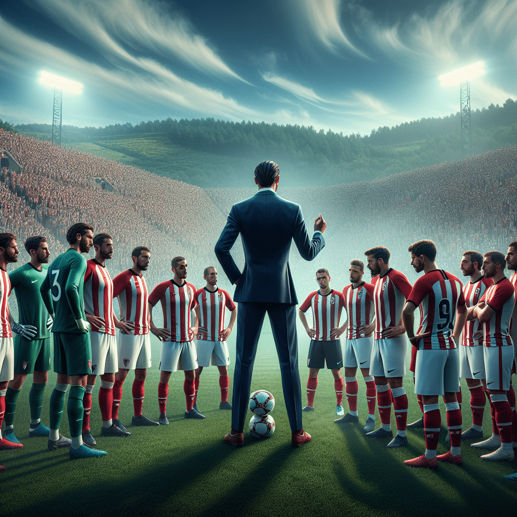 This picture features F.C. Vizela, S.C. Braga and Liga Portugal, all in bright red-and-white vertical stripes. A dramatic backdrop of dramatic blue sky and rolling hills lies behind the teams, set in a Portuguese landscape. In the foreground of the picture, the teams’ players, wearing their traditional colors, are in a post-game group huddle with their manager, Artur Jorge. The players are in a mix of primaries and Reds, while Artur is wearing a navy blue-and-white tailored suit. He is standing among the players as he addresses them, one arm raised in the foreground. All the players have their heads bowed, listening intently.