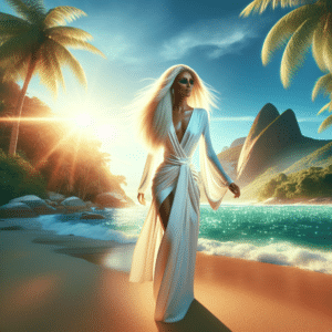 The picture displays Beyoncé standing on a beach in Brazil in front of a lush green landscape. She is wearing a white wrap dress that falls to mid-thigh and has a plunging neckline. Her long blonde hair is cascading down her back and her arms are stretched up to the sky. The sky is bright blue and the sun is shining brightly down on her, creating a beautiful vivid backdrop. Behind her, the vibrant green palm trees sway in the wind and there are white, towering cliffs off in the distance. To her right, the crystal blue ocean is visible, sparkling in the light. To her left, the sand is a deep orangey-gold color. The entire scene looks absolutely stunning and serene.