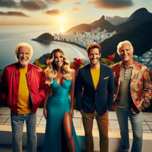 This picture shows Paul McCartney, accompanied by the famous Brazilian singers Ivete Sangalo, Alexandre Pires, and Luísa Sonza, in the city of Rio de Janeiro. McCartney is sporting a bright red jacket and a yellow t-shirt along with blue jeans, while the singer Ivete Sangalo is wearing a beautiful turquoise dress. Alexandre Pires is donning a classic black blazer with a grey polo shirt, and Luísa Sonza is wearing an elegant floral dress with matching heels. All of them are gathered in what looks like a rooftop facility with a stunning view of the city below. The scenery is filled with vibrant colors, from the lush green foliage of Copacabana beach and blue ocean waters to Rio's iconic colorful hillside. In the back, the sun is setting over the sprawling cityscape, painting the sky in a warm orange and yellow hue. The group is smiling and the overall atmosphere appears to be cheerful and relaxed.