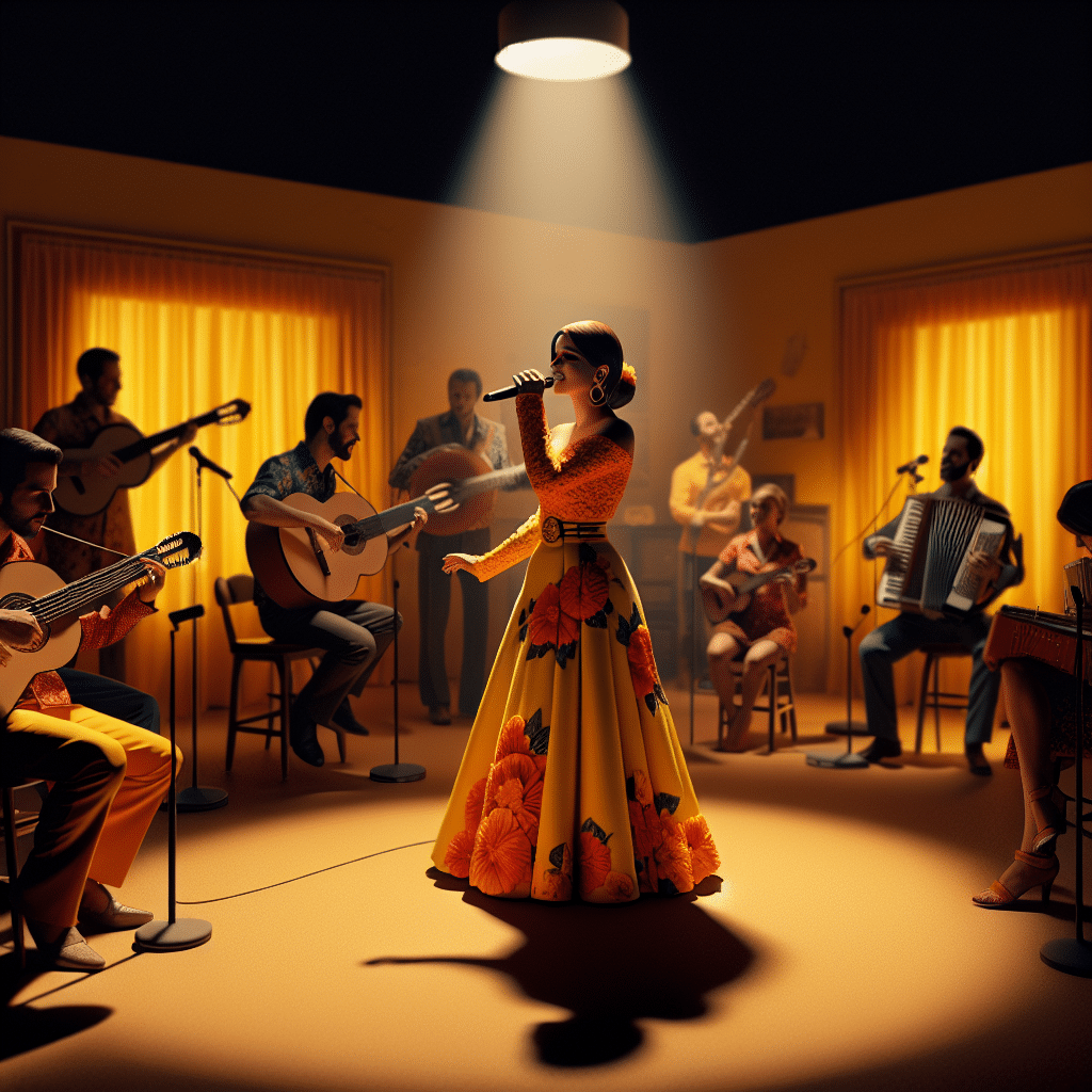 This picture shows Roberta Miranda dressed in an orange and yellow clothing with a flower motif. She is inside a room, surrounded by other musicians playing different instruments, including a guitar and an accordion. The room is decorated with a deep yellow background and a white spotlight, which is giving the scene a warm and cozy atmosphere. Roberta sings merrily with Accident and other musicians, playing sertanejo music.