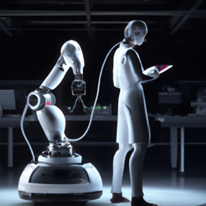 In the picture, a sleek and futuristic Tesla robot stands tall, accompanied by a brilliant engineer. The engineer, wearing a white lab coat, is attentively observing the robot's movements. The scene is set in a high-tech laboratory, with a backdrop of computer screens displaying complex algorithms and blueprints. The overall color scheme is a blend of metallic silver and vibrant blue, reflecting Tesla's signature style.