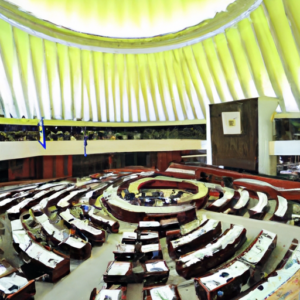 In the picture, a vibrant and dynamic scene unfolds at the Federal Senate of Brazil, located within the National Congress building. The Provisional Measure takes center stage, symbolizing the legislative process. The style is realistic, with bold colors highlighting the grandeur of the architecture. Senators engage in passionate debates, while the background showcases the iconic dome and pillars of the National Congress, exuding a sense of power and democracy.