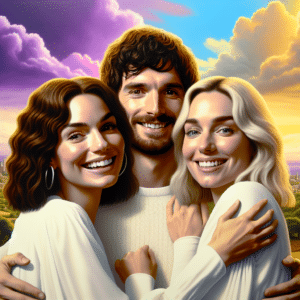 This picture showcases Sophie Charlotte with Pedro Neschling and Patricia Pilar in the foreground, and Eliana in the background. The actors are embracing each other, with bright smiles on their faces. They are wearing white outfits staged in a vibrant backdrop of purple and blue from the TV Globo show Renascer. In the background the sky is painted with a gentle pastel yellow, adding an extra dose of colour and fun to the image.